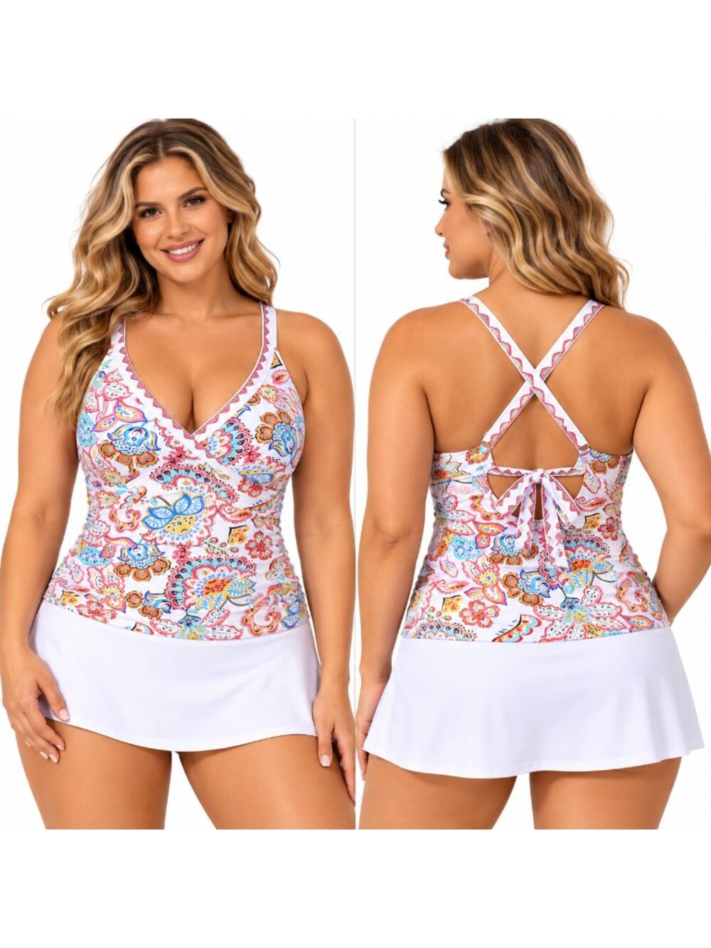 2XL White Paisley Tummy Control Tankini with Swim Skirt 2 Piece Swimsuit NWOT